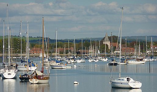 Yachts moored in Chichester Harbour in West Sussex