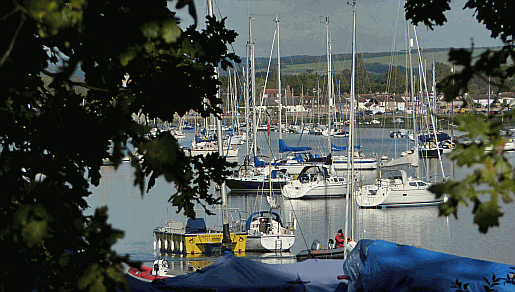 Chidham in West Sussex. Yachts moored near Cobnor, south of Chidham on Chichester Harbour in West Sussex