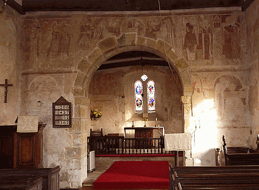 Religious wall paintings Hardham, West Sussex - these date from the middle ages and are some of the finest in England Picture of medieval wall painting at Hardham Church