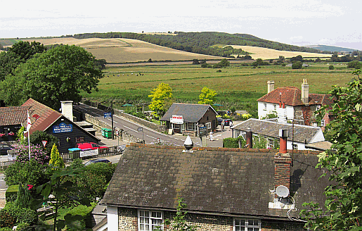 Houghton Bridge and the South Downs in the distance. Part of our guide to the South Downs Way Picture of the view from the footbridge at Amberley Railway Station