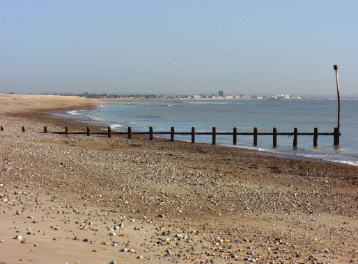 Pagham Harbour shingle spit and the view towards Bognor