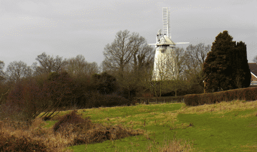 A view of Shipley Mill in West Sussex taken from Church Farm South and the banks of the River Adur